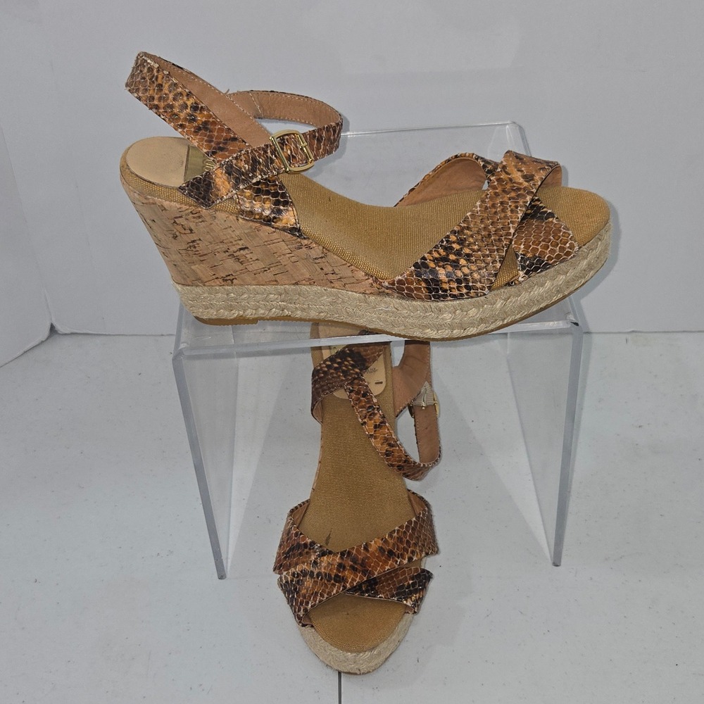 Kanna Spain Brown Snakeskin Print Leather Cork Wedge Espadrille Sandals Size 39
